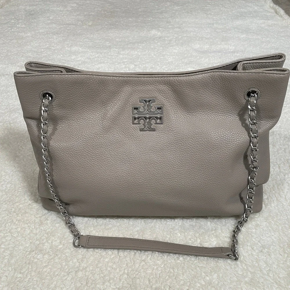 Tory Burch Britten Triple Compartment Tote Bag French Gray Pebbled Leather Chain